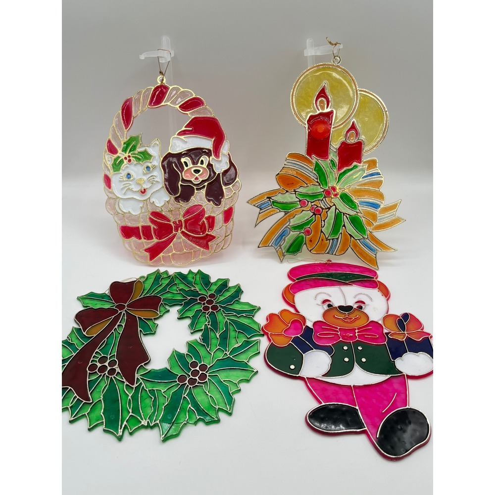 Vintage Giftco Christmas Suncatcher Lot 4 Wreath Bear Puppy Kitten Window Decor